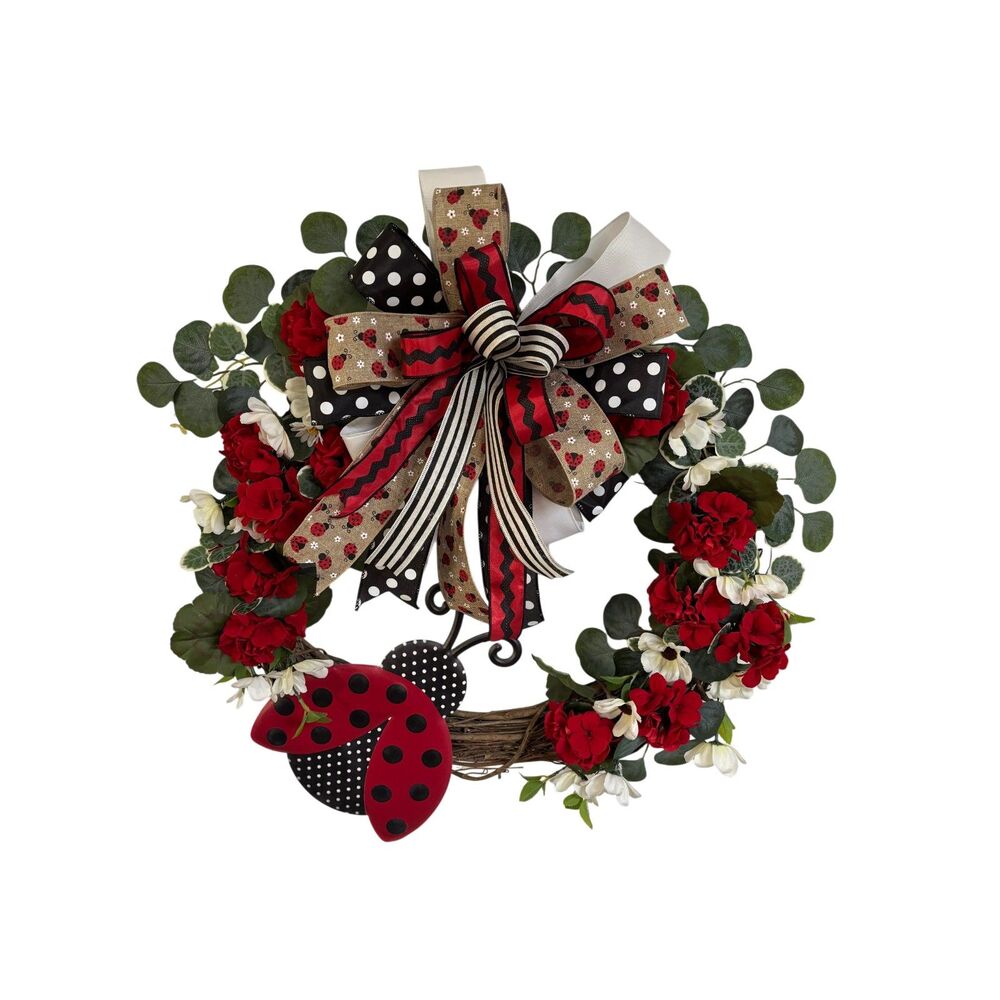 Ladybug Grapevine Wreath with Wired Ribbon Bow